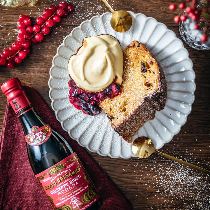 Giusti Panettone with Zabaione Chantilly, Red Berries, and Balsamic Drops